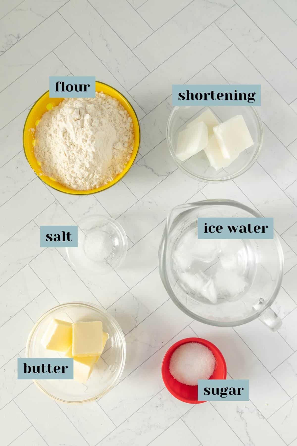 The ingredients for a homemade pie crust.