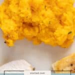A serving of creamy mashed butternut squash on a plate, accompanied by tender pieces of cooked turkey and slices of bread. Text overlay reads "mashed butternut squash.