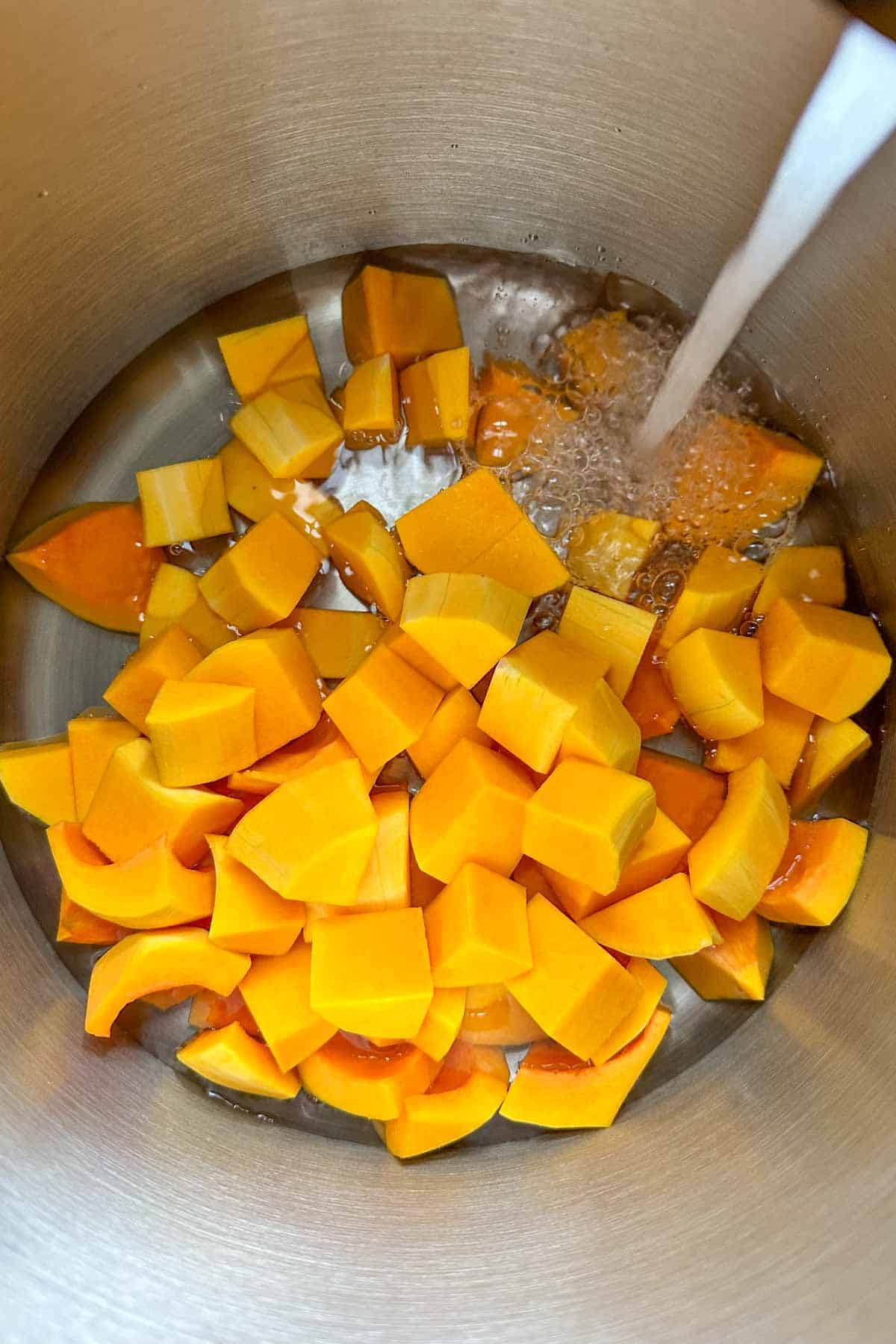 Cubes of butternut squash in a pot.