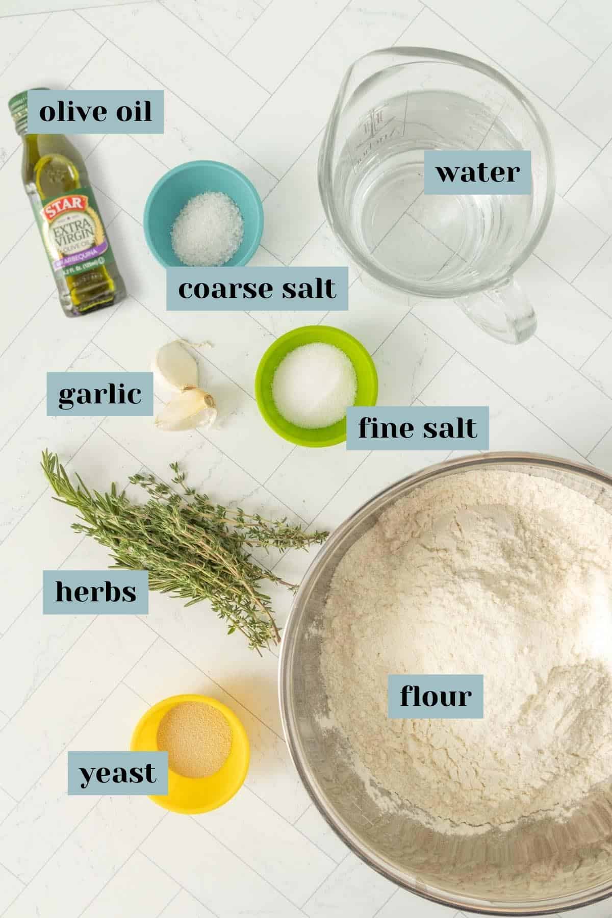 The ingredients for a recipe for rosemary bread.