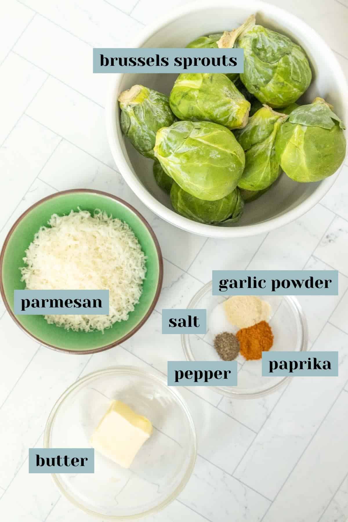 Ingredients for brussels sprouts in a bowl.