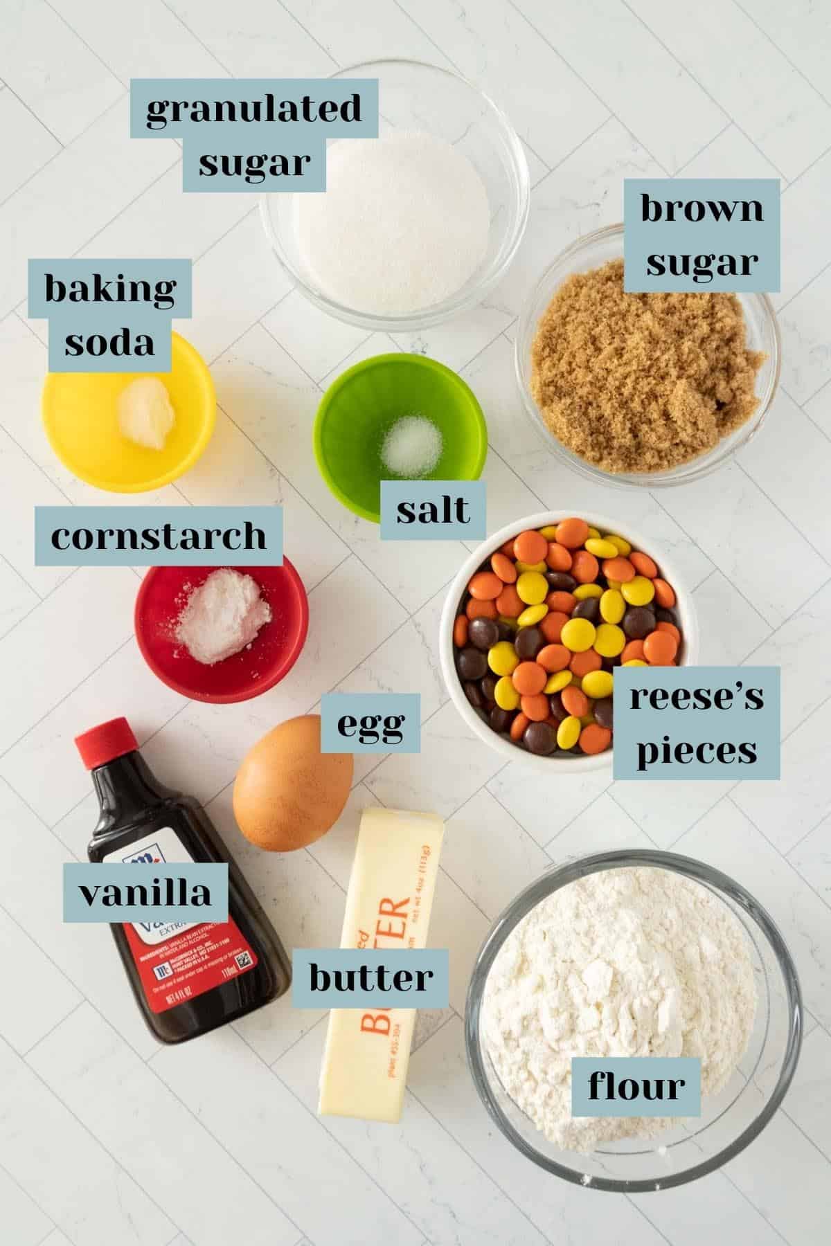 A list of ingredients for a cookie recipe.