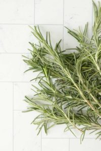 A bunch of rosemary on a white tile floor.