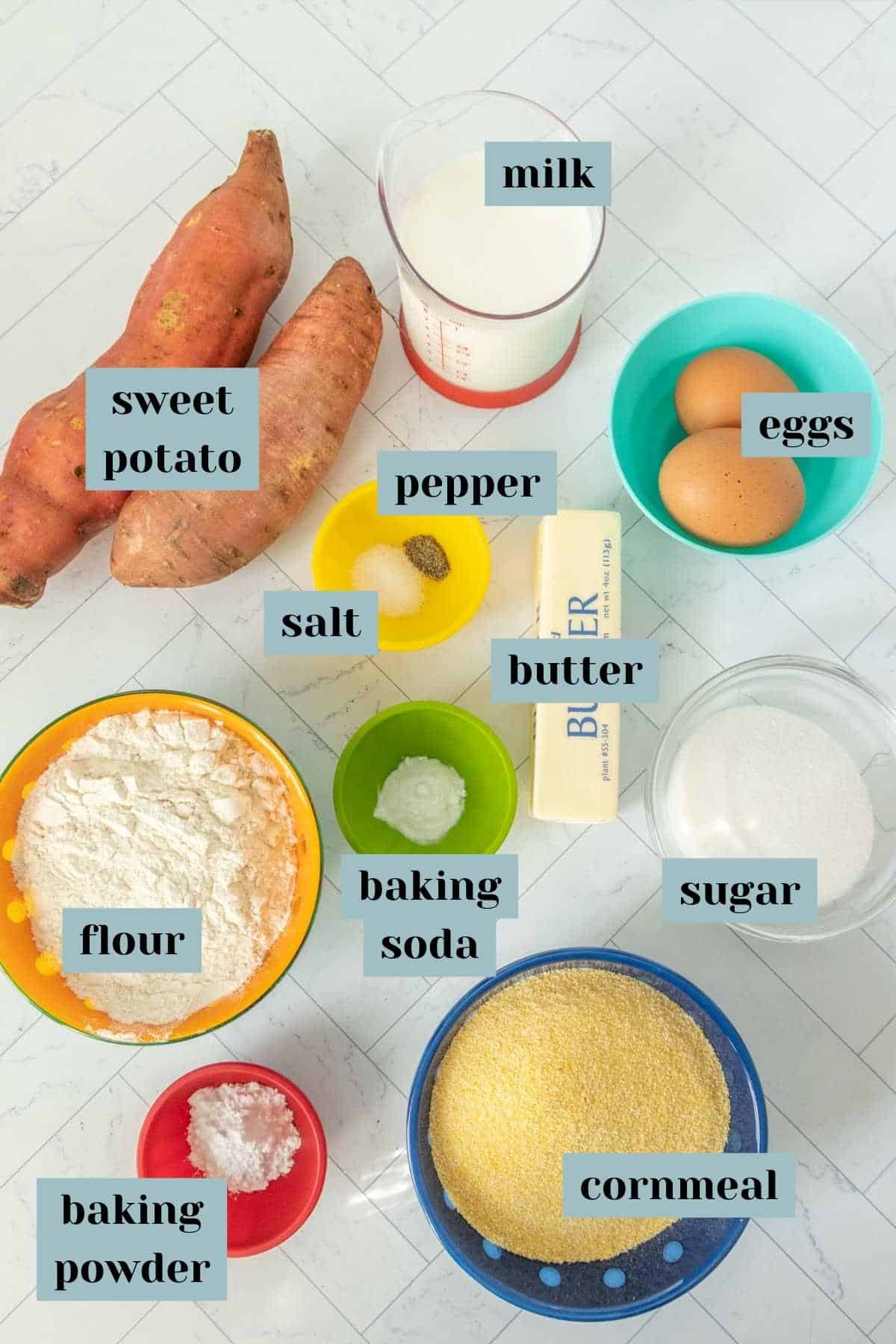 A list of ingredients for a sweet potato cornbread.