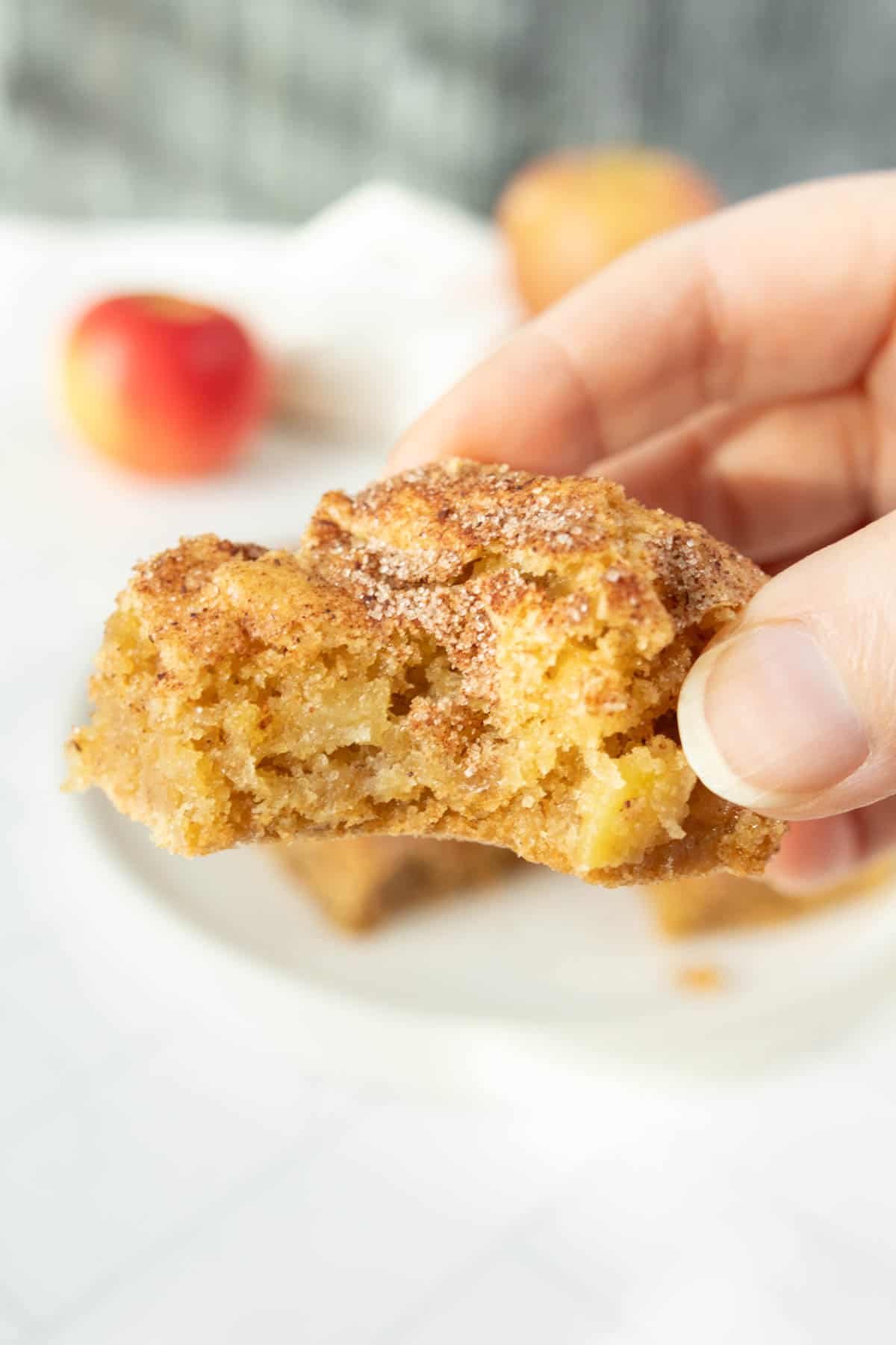 A person holding up a piece of apple cinnamon bars.