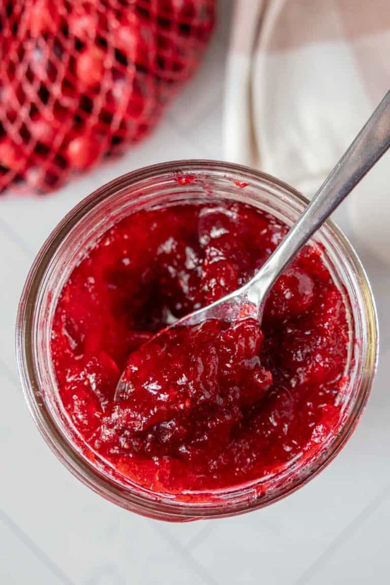 A bowl of cranberry sauce with a spoon.
