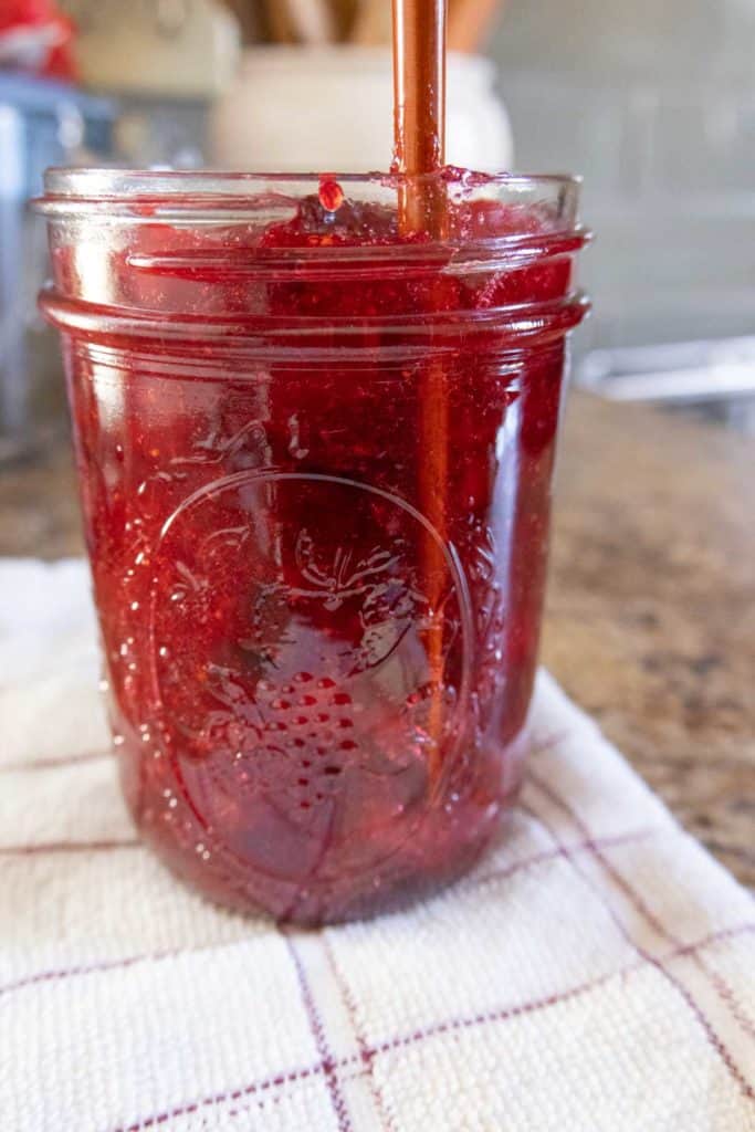 A jar of cranberry jam with a spoon in it.