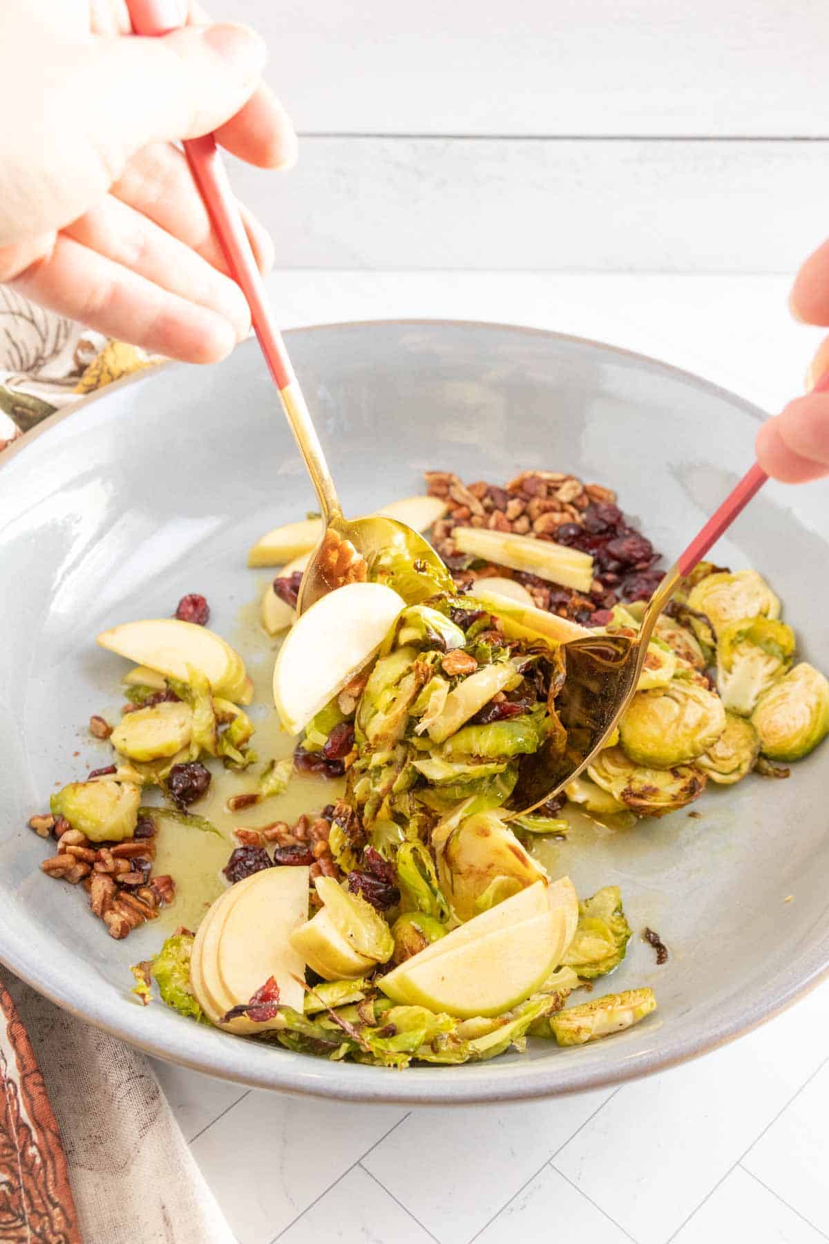 Brussels sprouts with cranberries and apples on a plate.