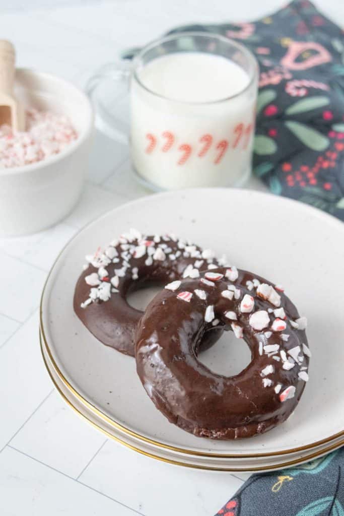 Two chocolate donuts with peppermint sprinkles on a plate.