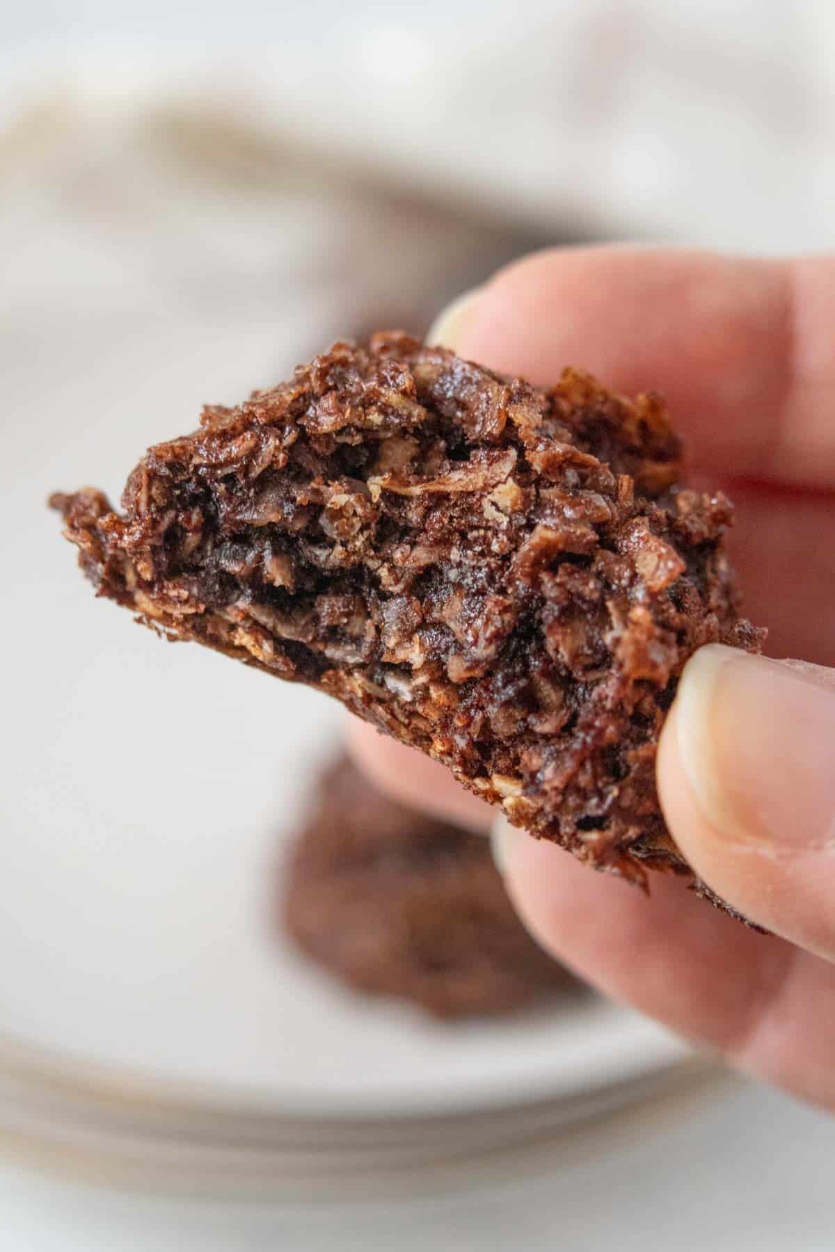 A person holding a piece of chocolate macaroon cookies on a plate.