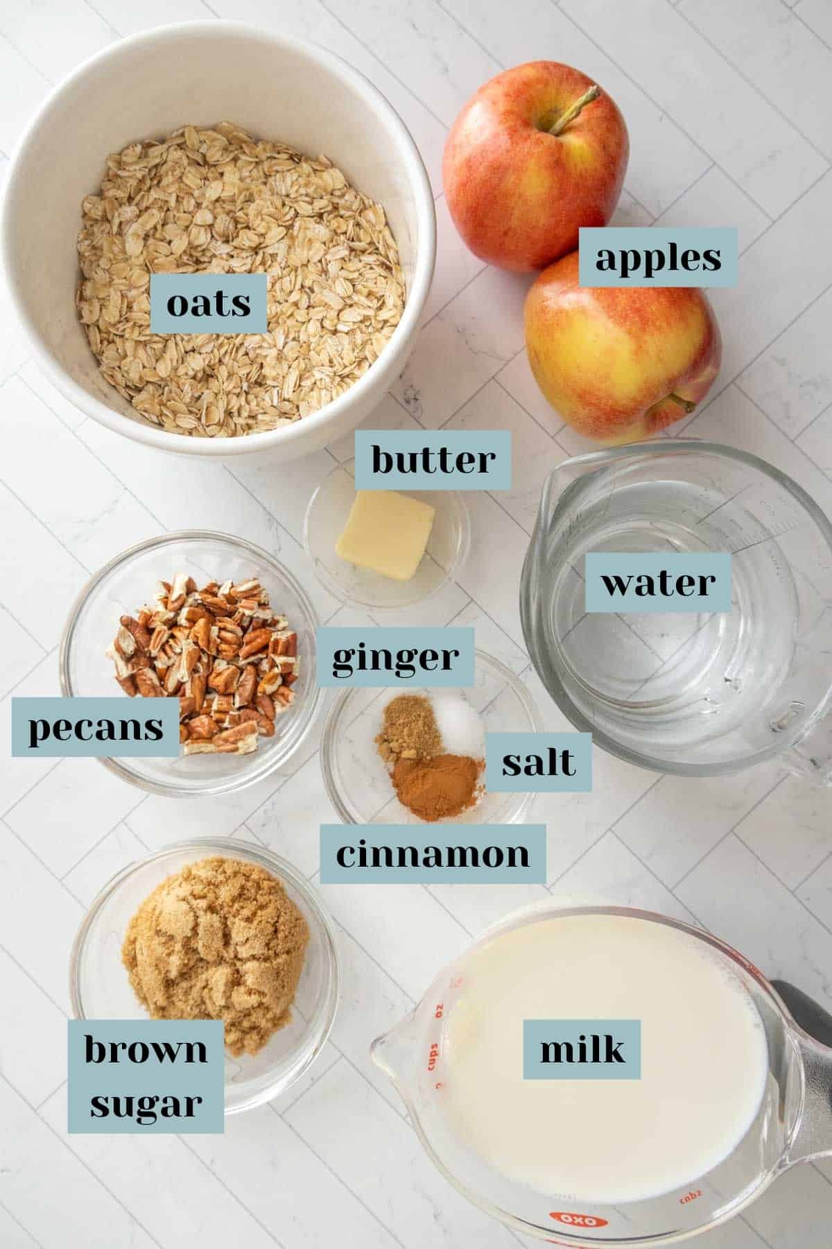 The ingredients for apple cinnamon oatmeal.
