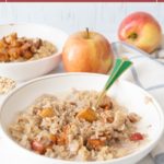 A bowl of apple cinnamon oatmeal with chopped apples, a spoon, and another bowl and fresh apples in the background. Text at the top reads "apple cinnamon oatmeal.