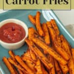 Carrot fries on a blue plate with dipping sauce at a chili bar.