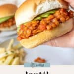 A hand holds a sandwich filled with vegan sloppy joes made from lentils and sliced avocado; another sandwich and fries sit in the background. Text reads "lentil sloppy joes.