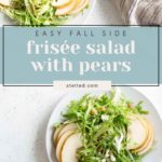 Two plates of frisée salad with sliced pears and walnuts rest on a light surface, accompanied by a striped cloth napkin beside one plate.