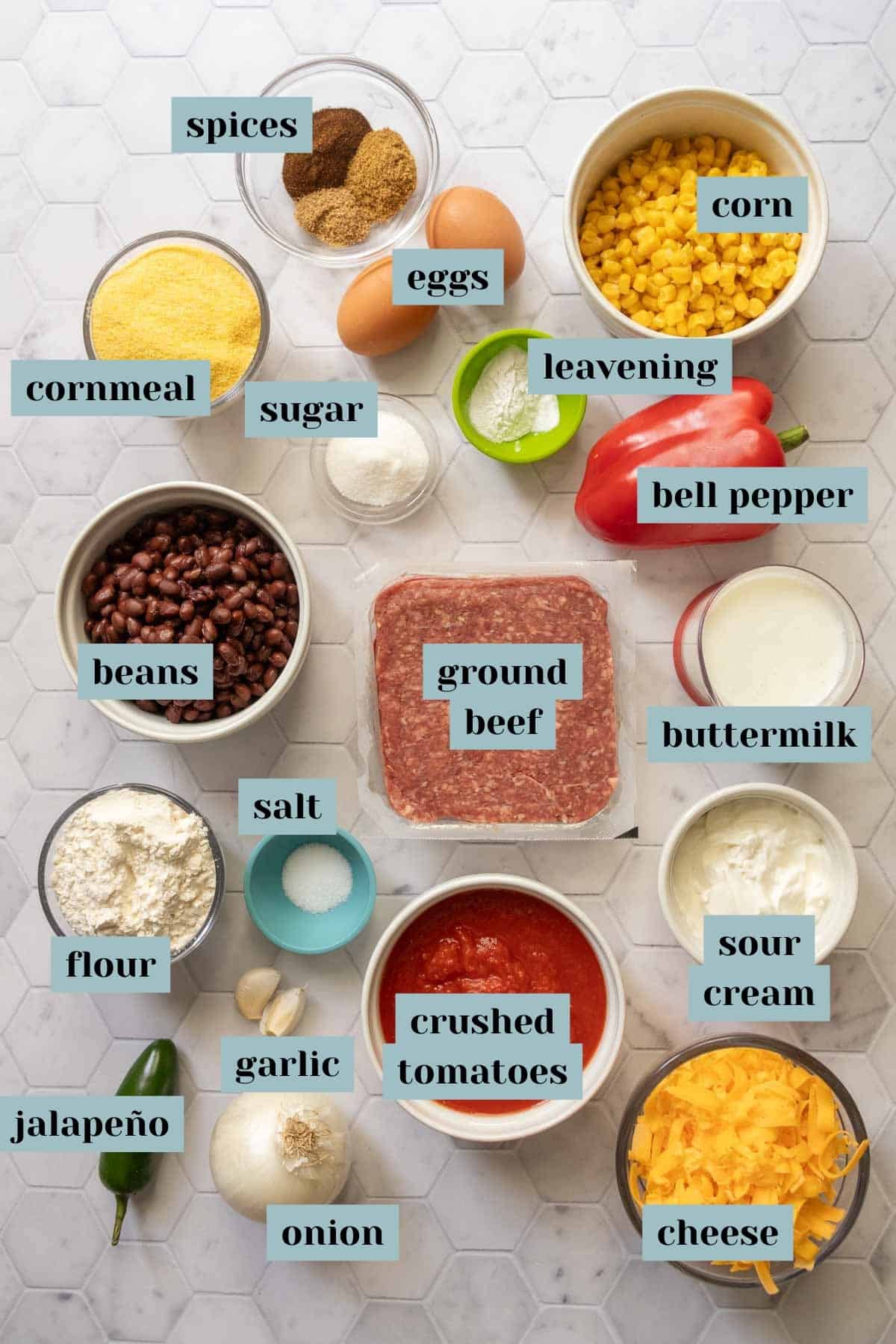 Various raw cooking ingredients neatly labeled on a kitchen countertop, ready for meal preparation.