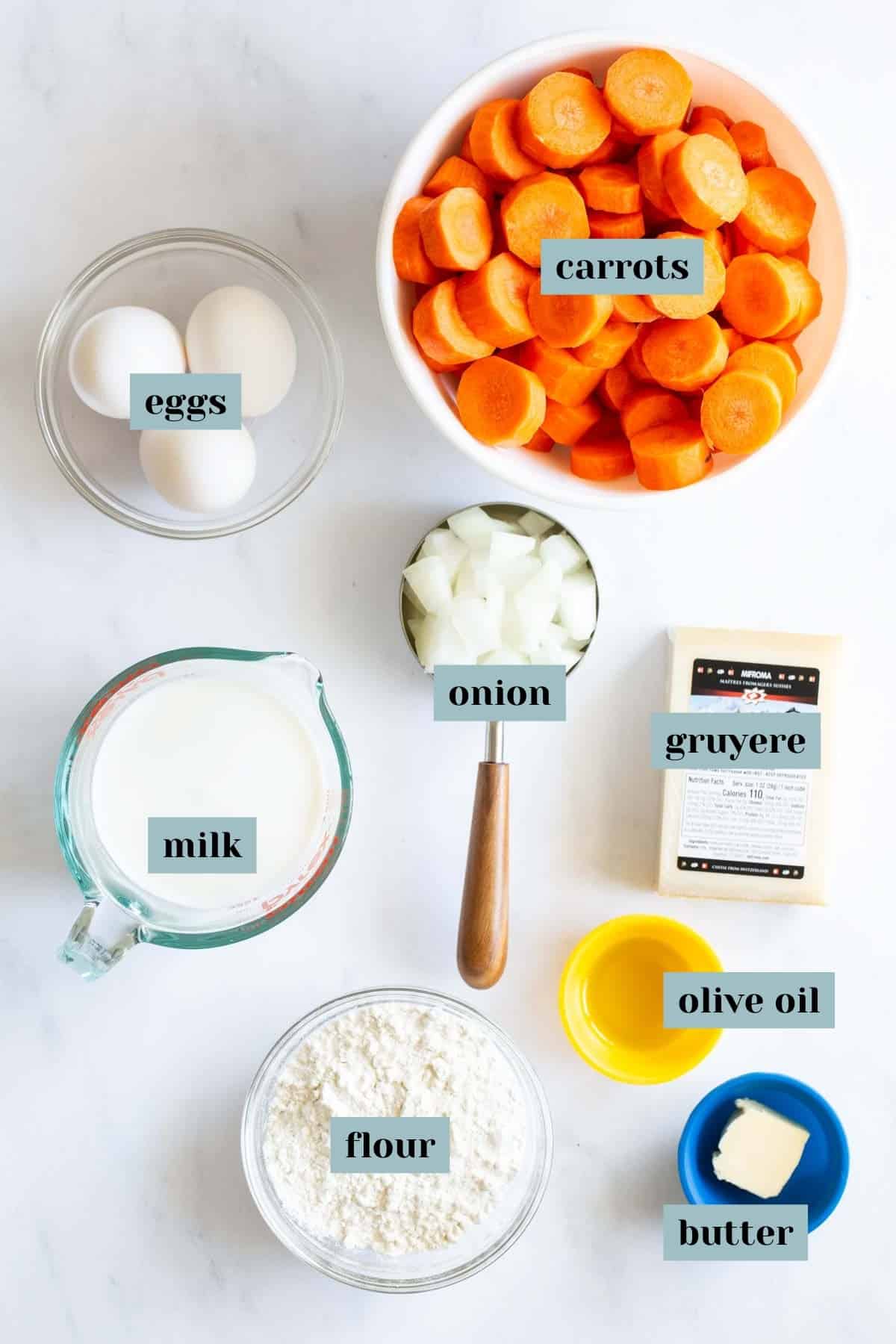 Ingredients for a recipe organized and labeled on a table.