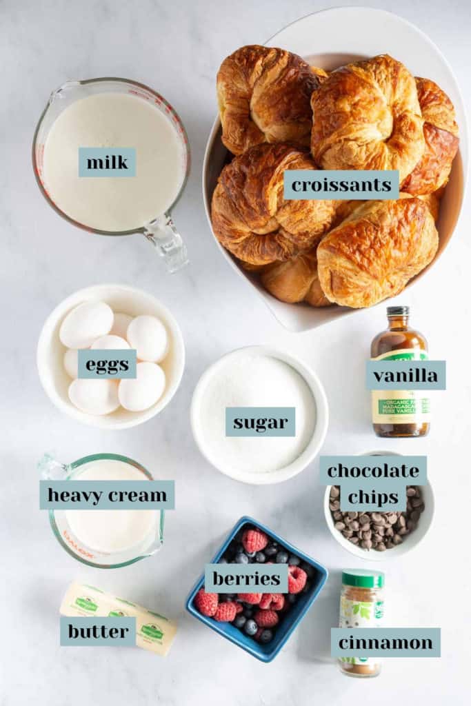 Overhead view of various baking ingredients labeled, including milk, eggs, sugar, butter, heavy cream, croissants, vanilla, chocolate chips, berries, and cinnamon.