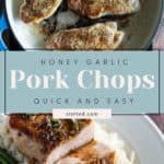 Honey garlic pork chops with green beans and rhubarb crisp, presented as a recipe on a website with text overlay.