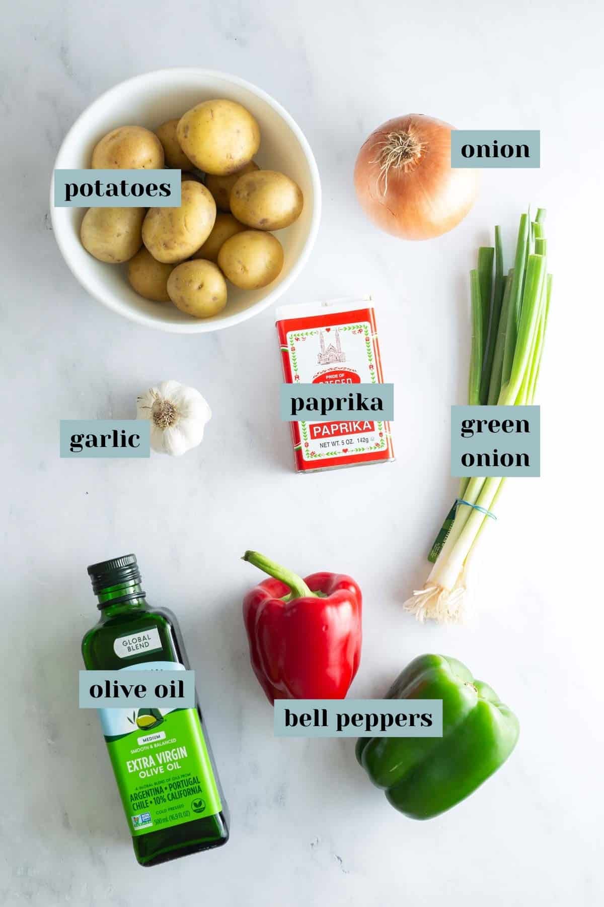 Various fresh vegetables and seasonings neatly arranged with labels on a light background.