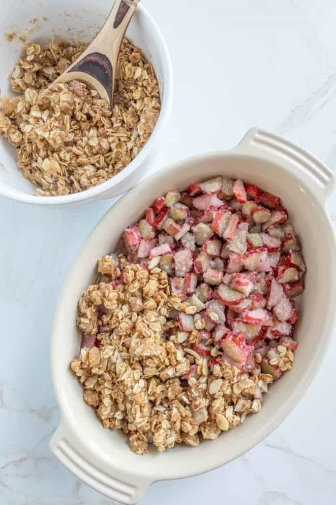 A bowl of rhubarb alongside a smaller bowl of oats with a wooden spoon on a marble surface.