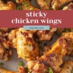 A plate of sticky chicken wings glazed to perfection and garnished with chopped green onions, with the text "sticky chicken wings" and "stetted.com" overlaid.