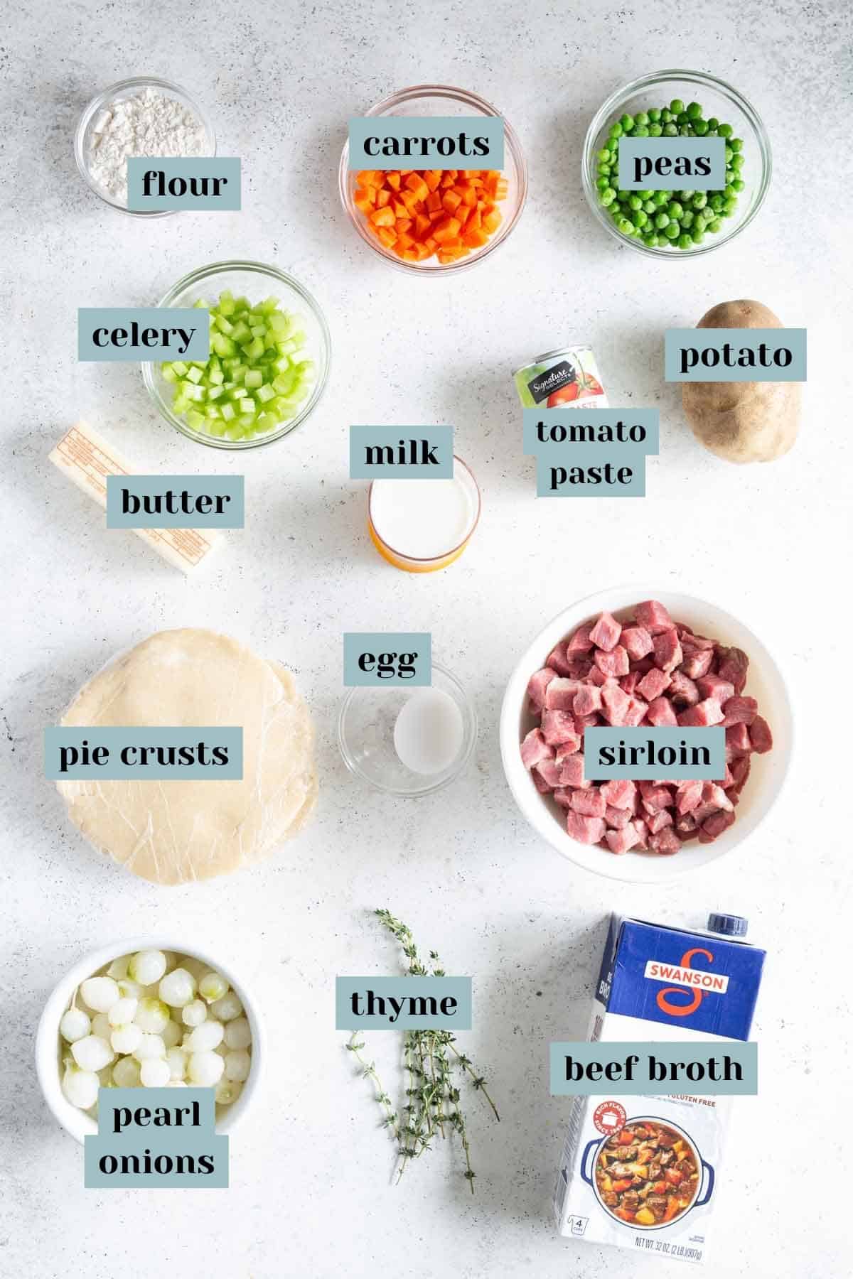 Ingredients for cooking laid out on a table, including vegetables, sirloin, pie crusts, and broth, labeled for clarity.