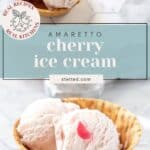 Two waffle bowls filled with pale pink cherry ice cream, each scoop crowned with a cherry piece, rest on a white hexagonal tile surface. Text overlay reads "Amaretto cherry ice cream.