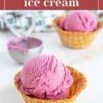 A scoop of black raspberry ice cream in a waffle bowl, with another bowl and a metal ice cream scoop in the background. The text at the top highlights this delicious black raspberry ice cream treat.