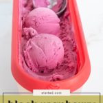 A container of creamy black raspberry ice cream with two scoops and an ice cream scooper, labeled "black raspberry ice cream.