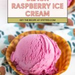 A scoop of black raspberry ice cream in a waffle bowl, with another serving of black raspberry ice cream in the background and a printed recipe title above.
