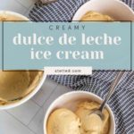 Three bowls of creamy dulce de leche ice cream sit on a table next to an open jar of dulce de leche and a blue checkered towel, highlighting the rich caramel flavors in this tempting treat.