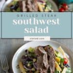 Two plates of grilled steak southwest salad with mixed greens, tomato, beans, crispy tortilla strips, and dressing sit on a table, accompanied by a fork and a turquoise sauce pitcher. Enjoy the bold flavors of this classic southwest salad.