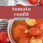 A glass jar of tomato confit, brimming with tomatoes and garlic cloves in oil, rests on a black and white towel surrounded by fresh tomatoes. Text overlay reads "tomato confit, stetted.com".
