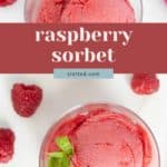 Two glass bowls of raspberry sorbet garnished with basil leaves, surrounded by fresh raspberries on a white surface. Text overlay reads “raspberry sorbet stetted.com,” highlighting this vibrant homemade raspberry sorbet dessert.