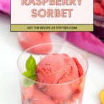 A glass cup with scoops of raspberry sorbet and a basil leaf, surrounded by fresh raspberries and a pink cloth in the background. Text overlay reads "Raspberry Sorbet.