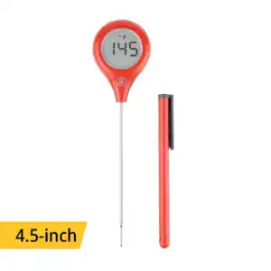 Digital instant-read thermometer with a red handle, metal probe, LCD display showing 145°F, and a matching red protective sheath; 4.5-inch size indicated.