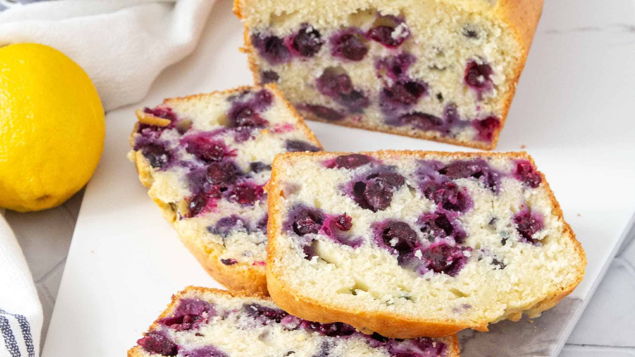 Moist, golden loaf studded with fresh blueberries and a light sugar crust.
