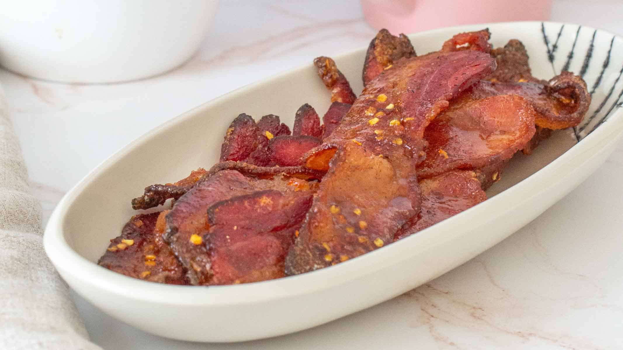 Thick-cut bacon baked with sweet and spicy coating.