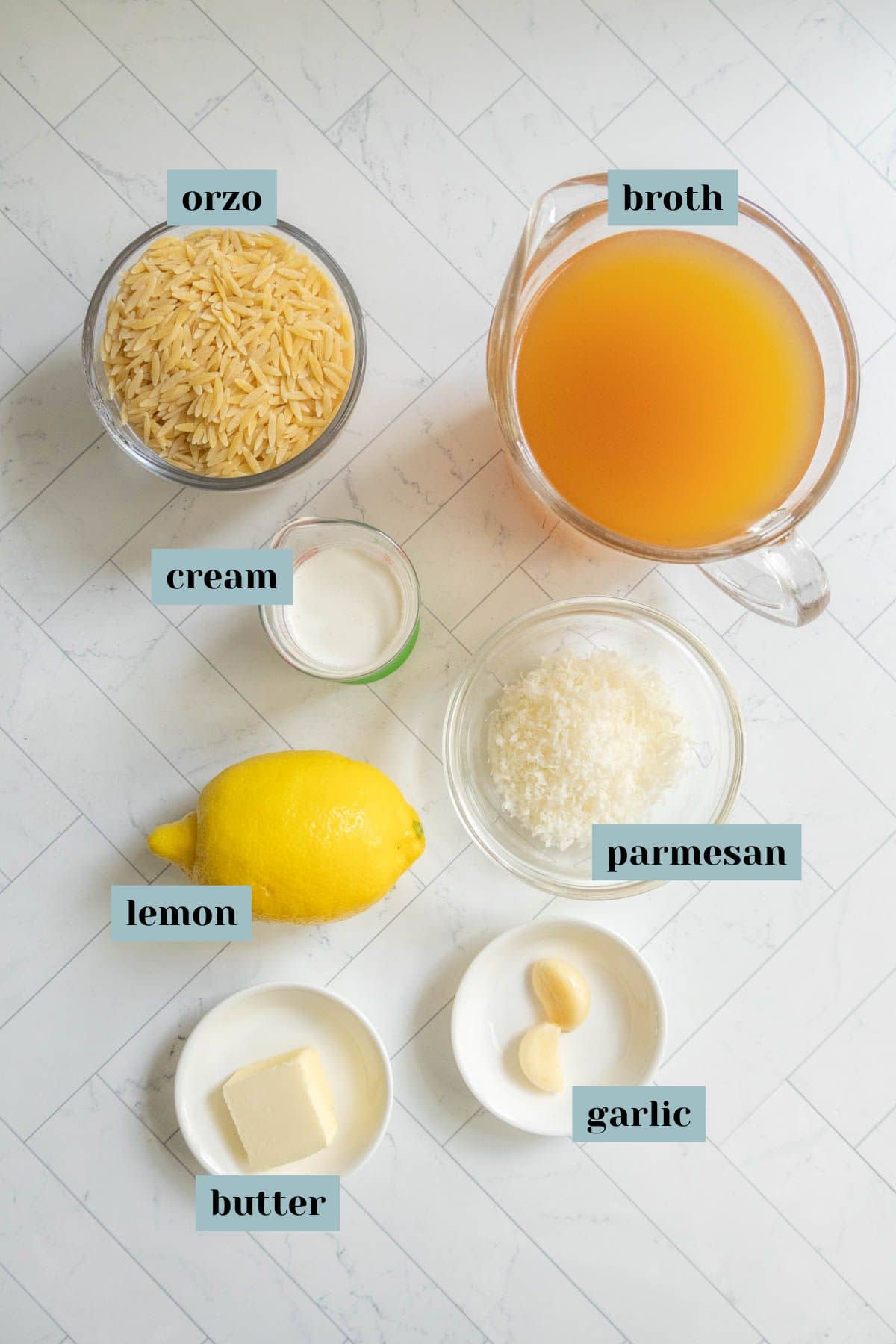 Ingredients for a recipe arranged on a white surface: orzo, broth, cream, parmesan, lemon, butter, and garlic, each labeled with text.