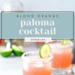 Two glasses of blood orange Paloma cocktail with salted rims and lime garnishes, set on a light surface with cut limes and a liquor bottle in the background.