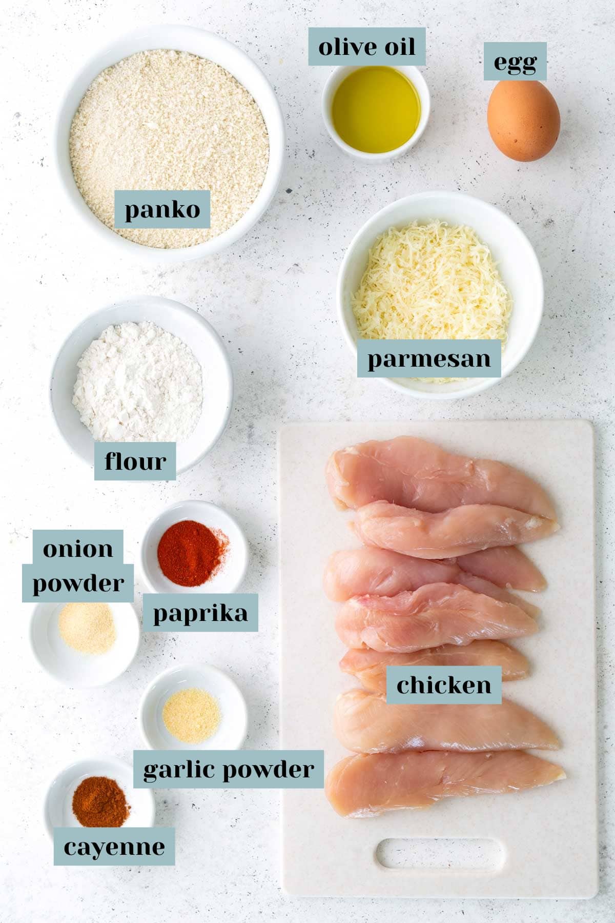 Top-down view of labeled ingredients for a recipe, including chicken, panko, flour, parmesan, olive oil, egg, onion powder, paprika, garlic powder, and cayenne.