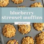 A muffin tin filled with nine baked blueberry streusel muffins, some with visible blueberries and oat topping. Text overlay reads: "Tender blueberry streusel muffins.