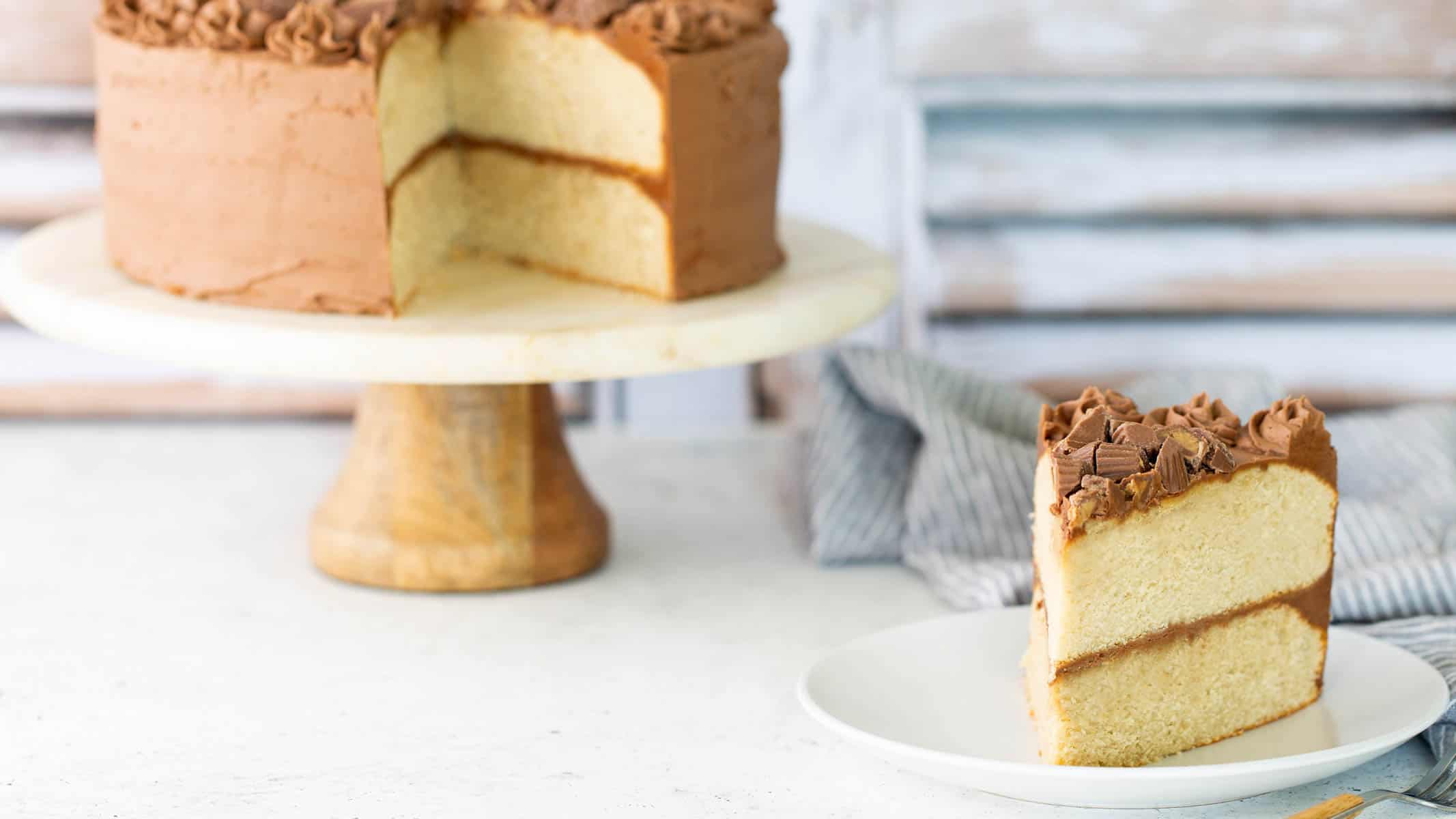Rich and decadent peanut butter cake with smooth frosting.