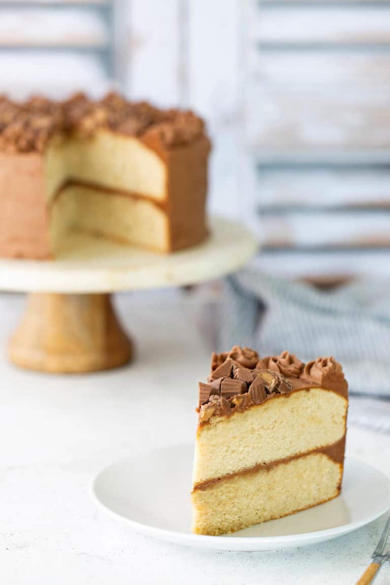 A slice of two-layer vanilla cake with chocolate frosting sits on a white plate; the rest of the cake is on a cake stand in the background.