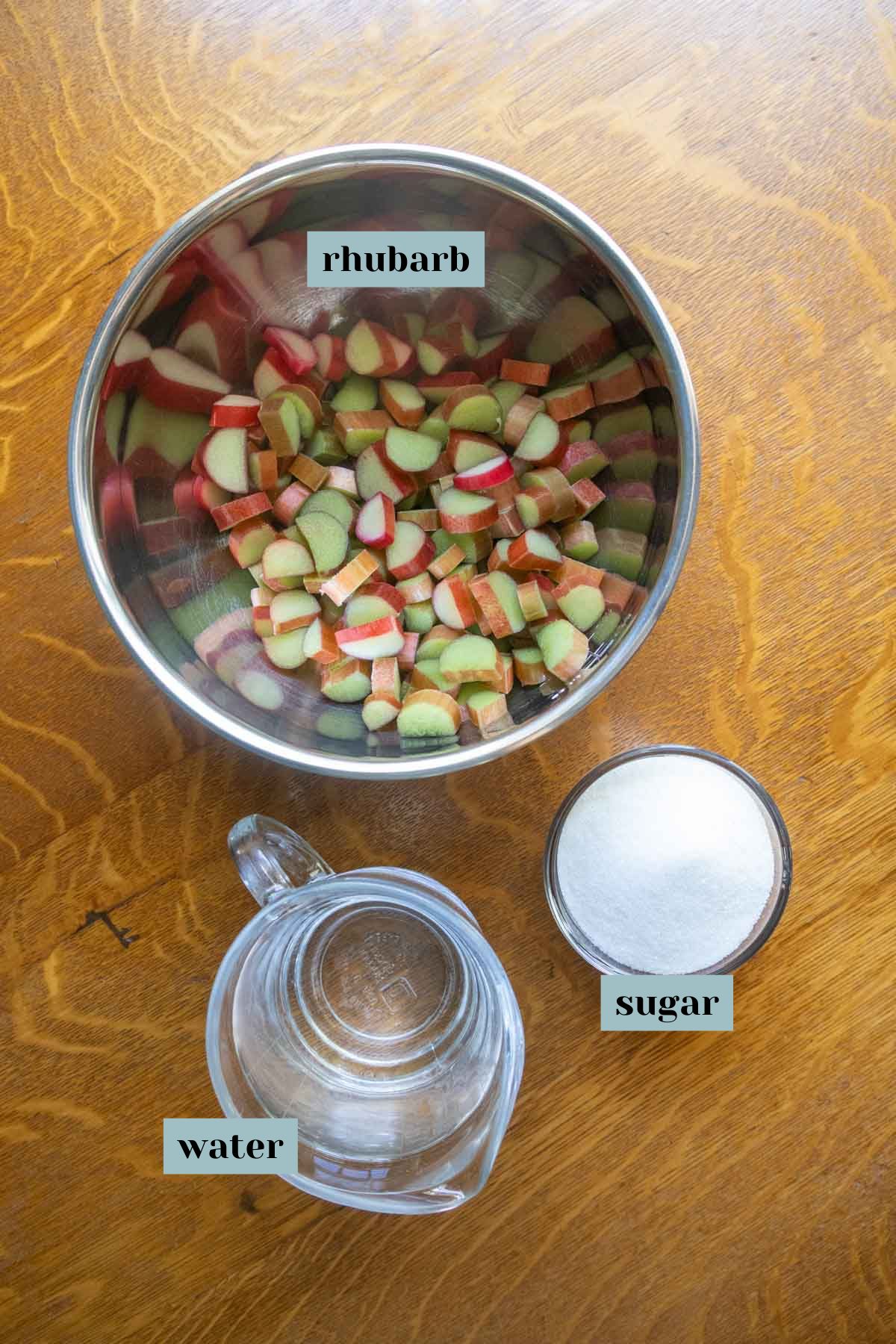A metal bowl with chopped rhubarb, a glass measuring cup with water, and a bowl of sugar are labeled and set on a wooden surface.