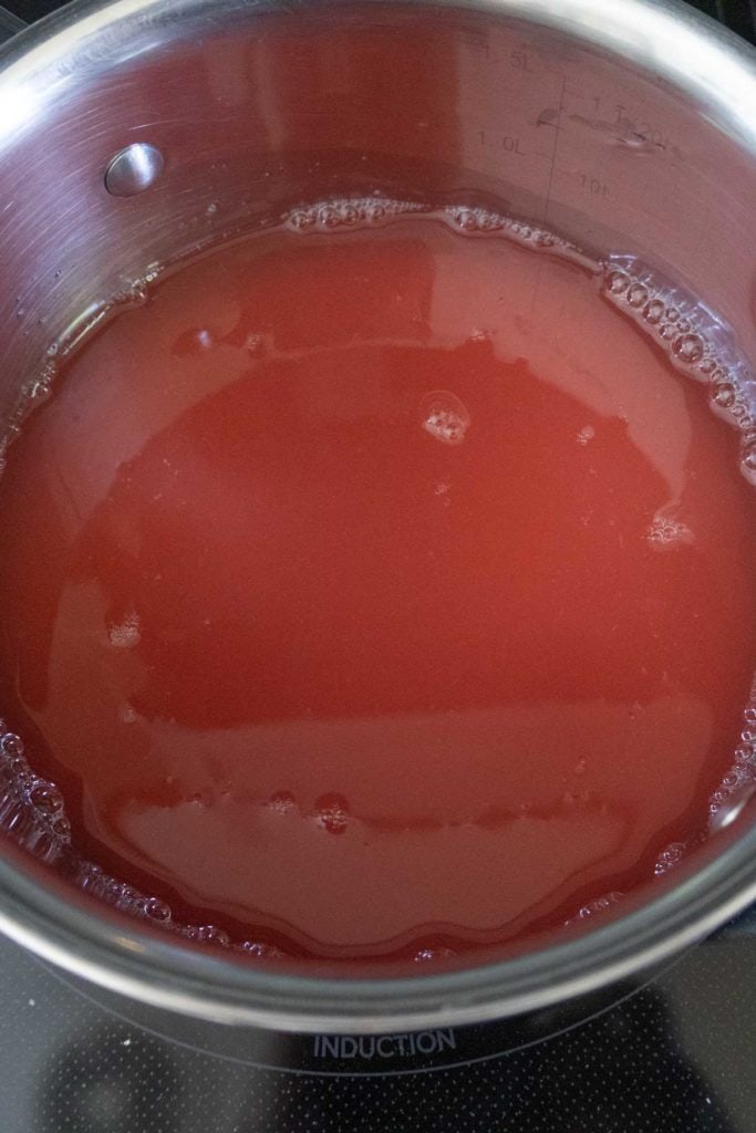 A stainless steel pot containing red liquid, possibly juice or broth, sits on an induction stovetop.