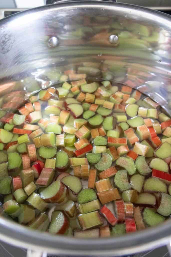 A stainless steel pot filled with chopped rhubarb pieces and water, simmering on a stovetop.