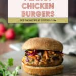 A peanut chicken burger patty with slaw sits in a whole wheat bun on a plate, with herbs and radishes in the background. A text overlay promotes the recipe at stetted.com.