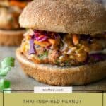 A whole wheat bun sandwich filled with a chicken patty, colorful slaw, and peanut sauce. Text on image: "Thai-inspired peanut chicken burger.